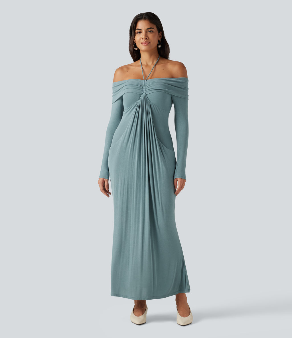 Halter Off Shoulder Ruched Long Sleeve Built-In Bra Maxi Party Dress with Pockets — Clear Green — view 4