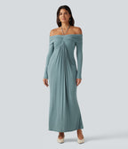 Halter Off Shoulder Ruched Long Sleeve Built-In Bra Maxi Party Dress with Pockets — Clear Green — view 4