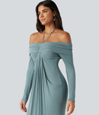 Halter Off Shoulder Ruched Long Sleeve Built-In Bra Maxi Party Dress with Pockets — Clear Green — view 5