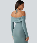 Halter Off Shoulder Ruched Long Sleeve Built-In Bra Maxi Party Dress with Pockets — Clear Green — view 6