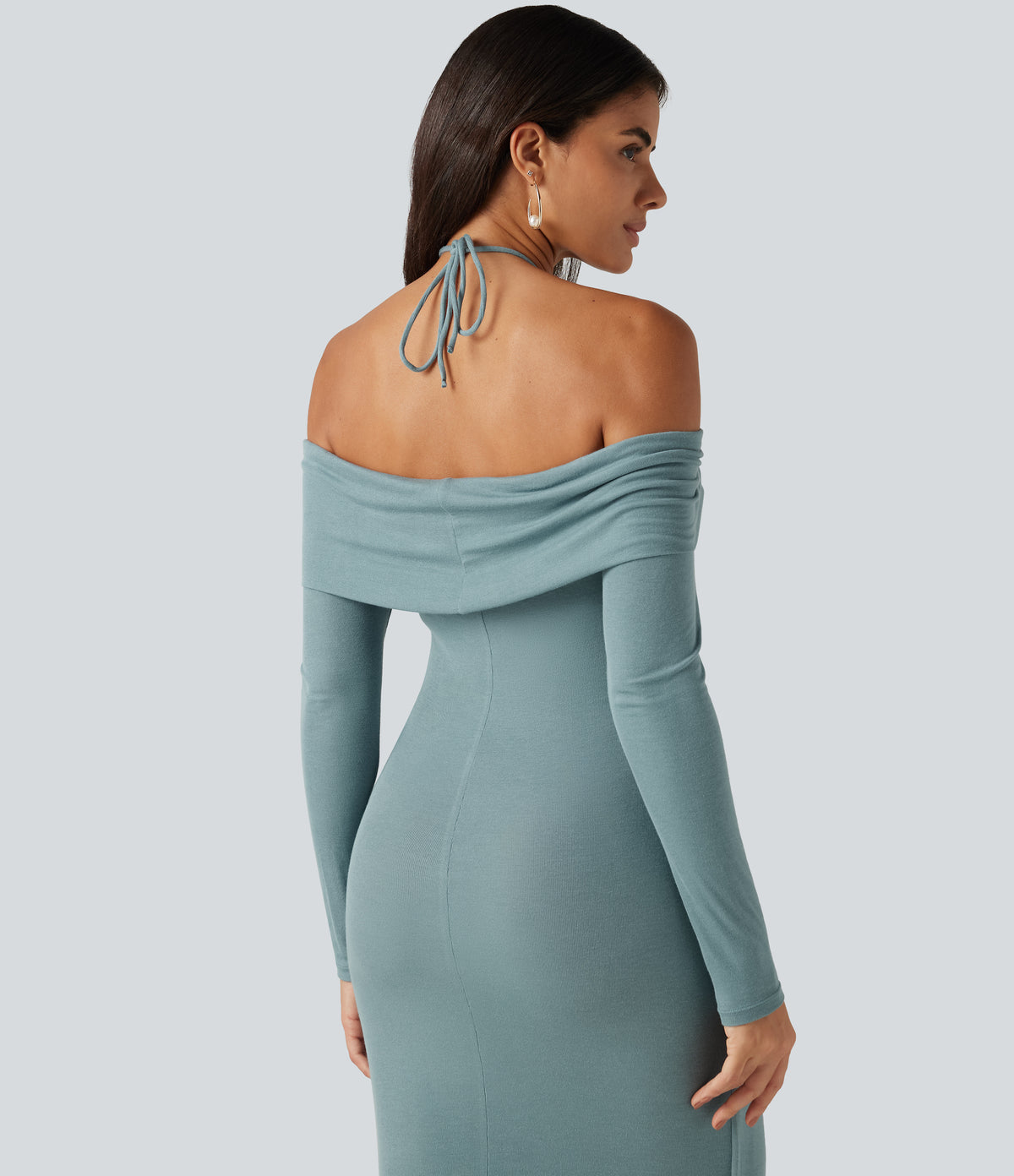 Halter Off Shoulder Ruched Long Sleeve Built-In Bra Maxi Party Dress with Pockets — Clear Green — view 6