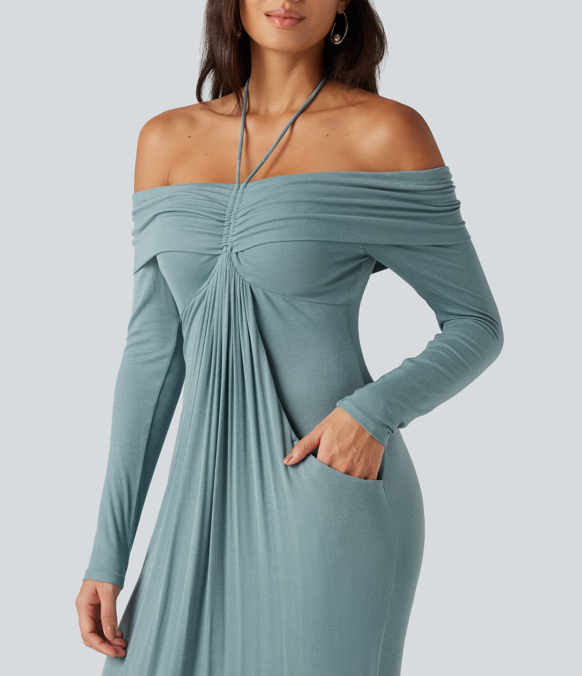 Halter Off Shoulder Ruched Long Sleeve Built-In Bra Maxi Party Dress with Pockets — Clear Green — view 7