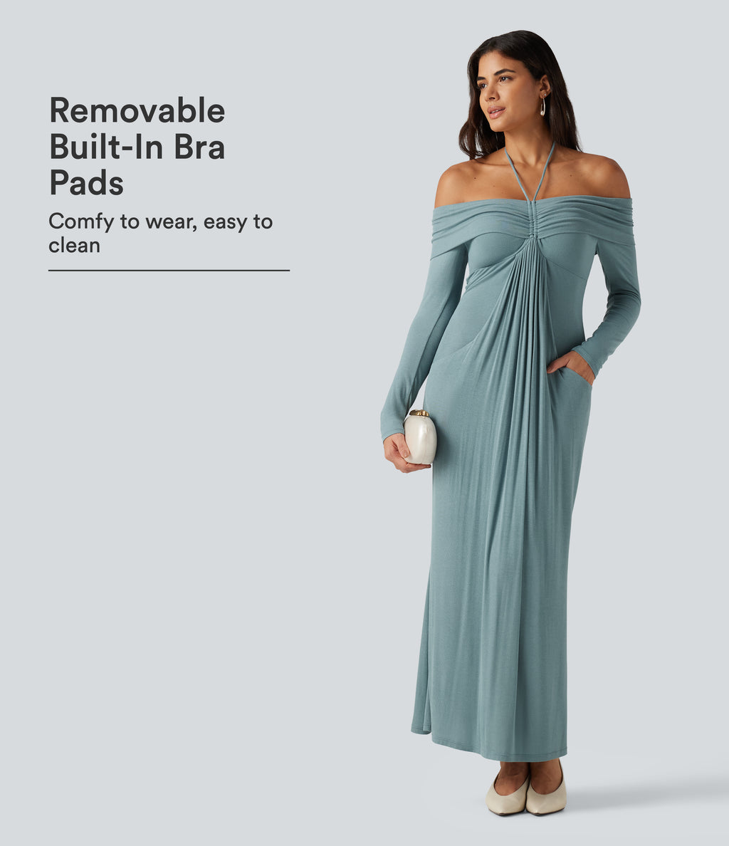 Halter Off Shoulder Ruched Long Sleeve Built-In Bra Maxi Party Dress with Pockets — Clear Green — view 1