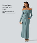Halter Off Shoulder Ruched Long Sleeve Built-In Bra Maxi Party Dress with Pockets — Clear Green — view 1