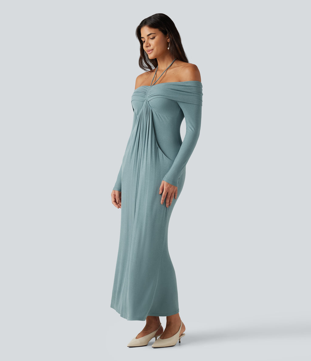 Halter Off Shoulder Ruched Long Sleeve Built-In Bra Maxi Party Dress with Pockets — Clear Green — view 3