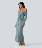 Halter Off Shoulder Ruched Long Sleeve Built-In Bra Maxi Party Dress with Pockets — Clear Green — view 3