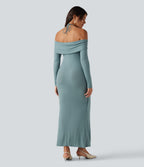 Halter Off Shoulder Ruched Long Sleeve Built-In Bra Maxi Party Dress with Pockets — Clear Green — view 2