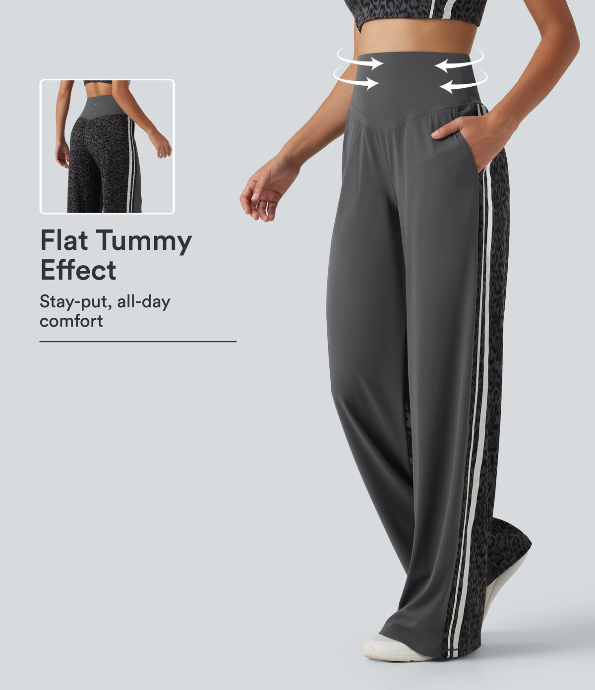 Leopard Print High Waisted Tummy Control Yoga Trousers with Pockets — Shadow Leopard — view 1