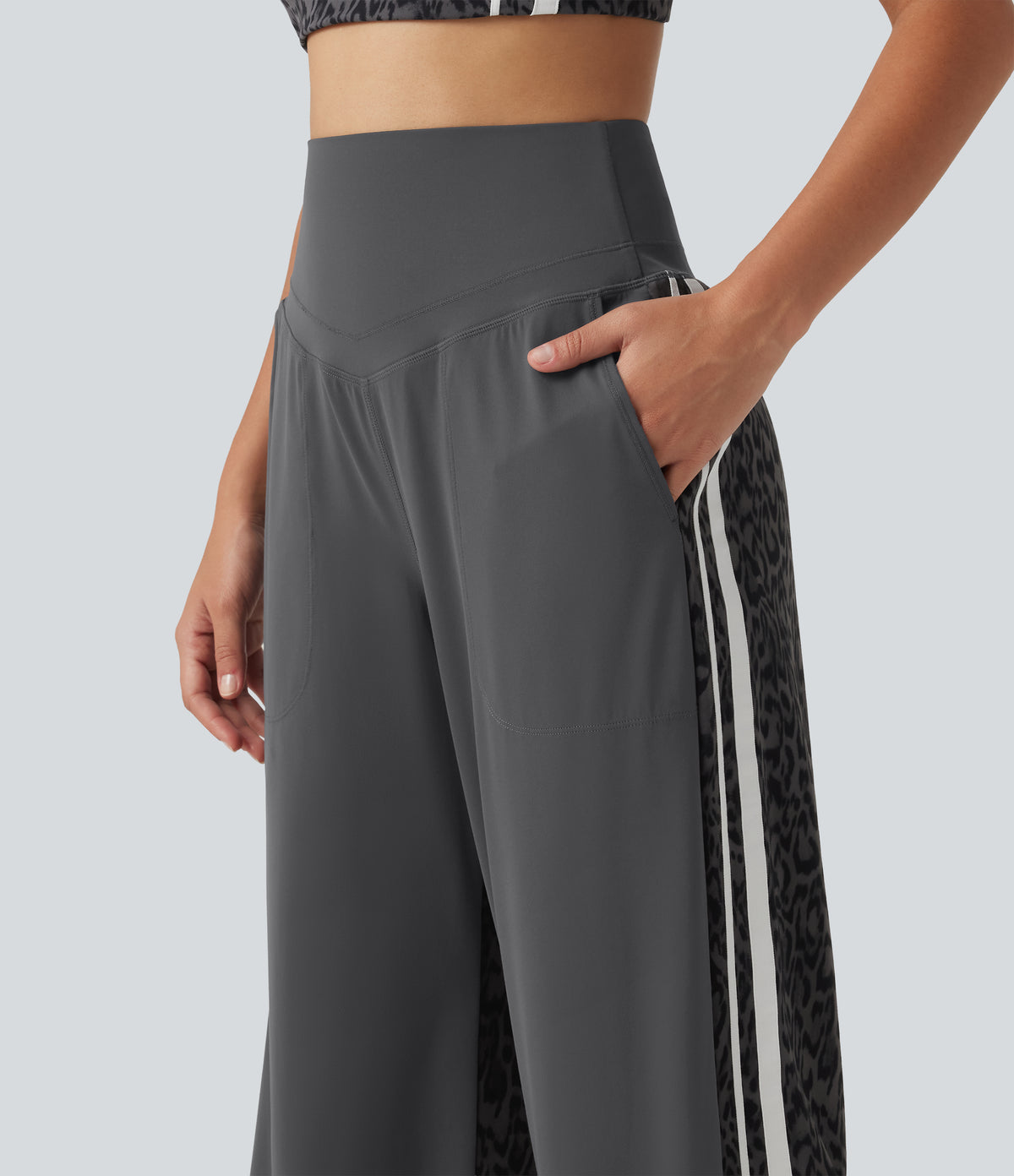 Leopard Print High Waisted Tummy Control Yoga Trousers with Pockets — Shadow Leopard — view 5