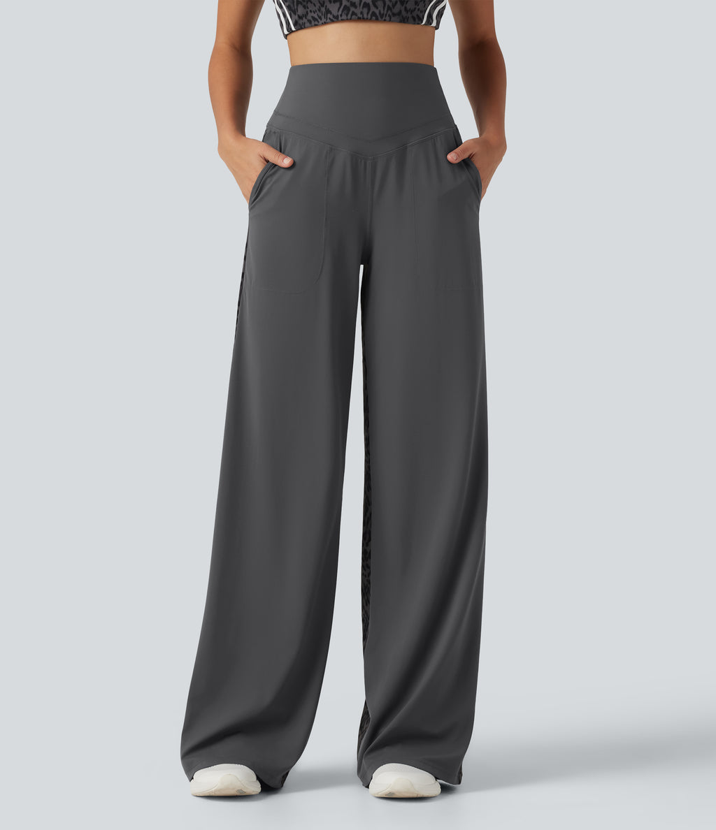 Leopard Print High Waisted Tummy Control Yoga Trousers with Pockets — Shadow Leopard — view 3