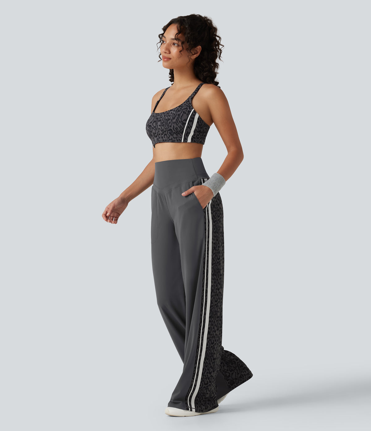 Leopard Print High Waisted Tummy Control Yoga Trousers with Pockets — Shadow Leopard — view 8