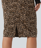 High Waisted Gingham Leopard Print Bodycon Patterned Midi Work Skirt with Pockets — Dune Leopard — view 6