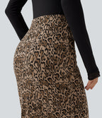 High Waisted Gingham Leopard Print Bodycon Patterned Midi Work Skirt with Pockets — Dune Leopard — view 4