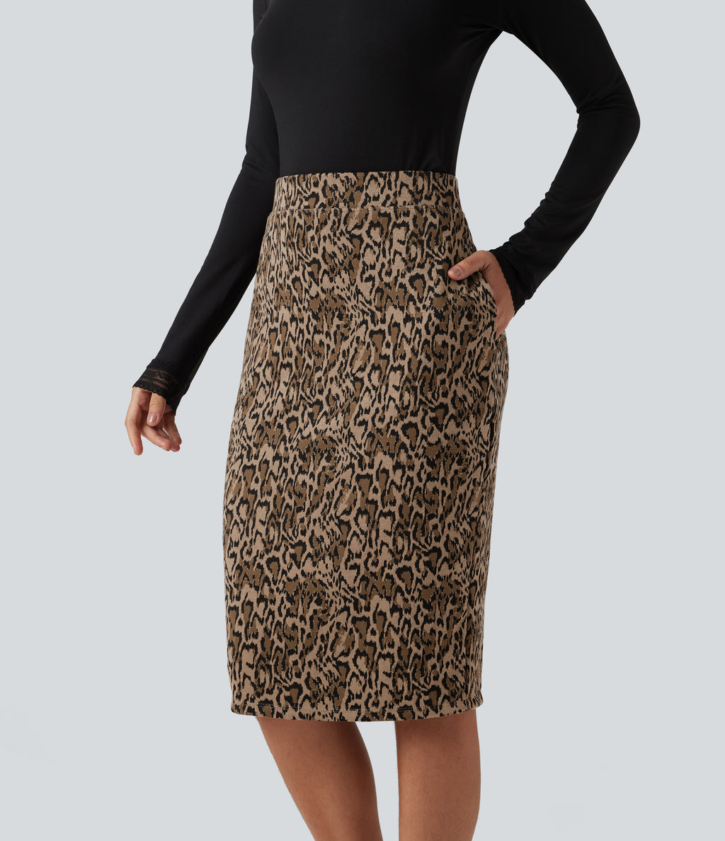 High Waisted Gingham Leopard Print Bodycon Patterned Midi Work Skirt with Pockets — Dune Leopard — view 5