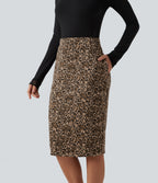 High Waisted Gingham Leopard Print Bodycon Patterned Midi Work Skirt with Pockets — Dune Leopard — view 5