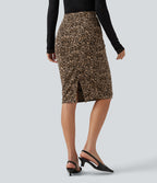 High Waisted Gingham Leopard Print Bodycon Patterned Midi Work Skirt with Pockets — Dune Leopard — view 2