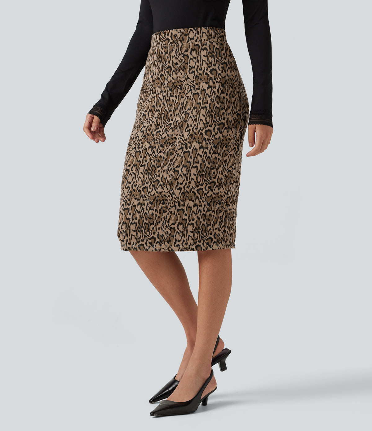 High Waisted Gingham Leopard Print Bodycon Patterned Midi Work Skirt with Pockets — Dune Leopard — view 3