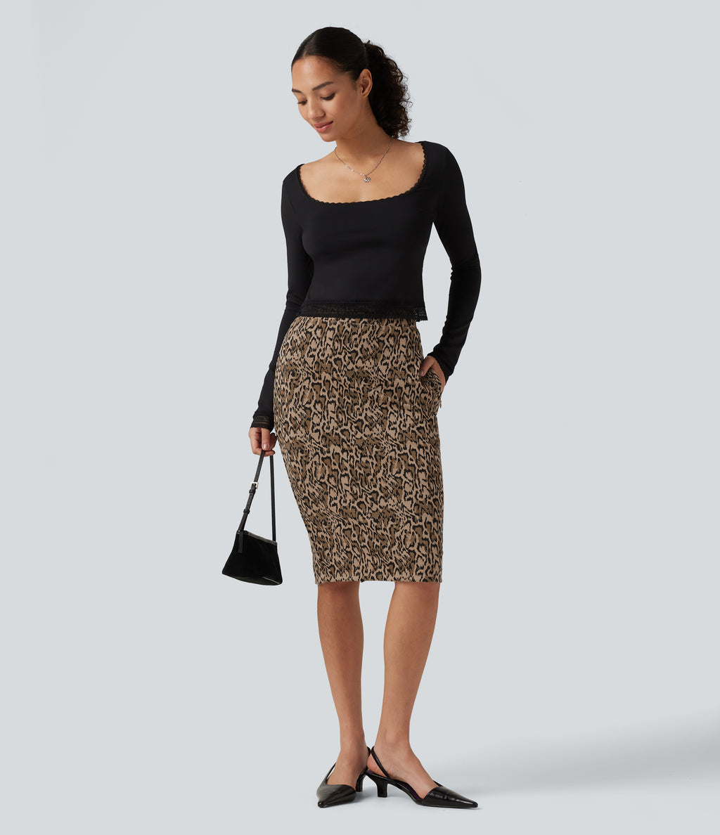 High Waisted Gingham Leopard Print Bodycon Patterned Midi Work Skirt with Pockets — Dune Leopard — view 8