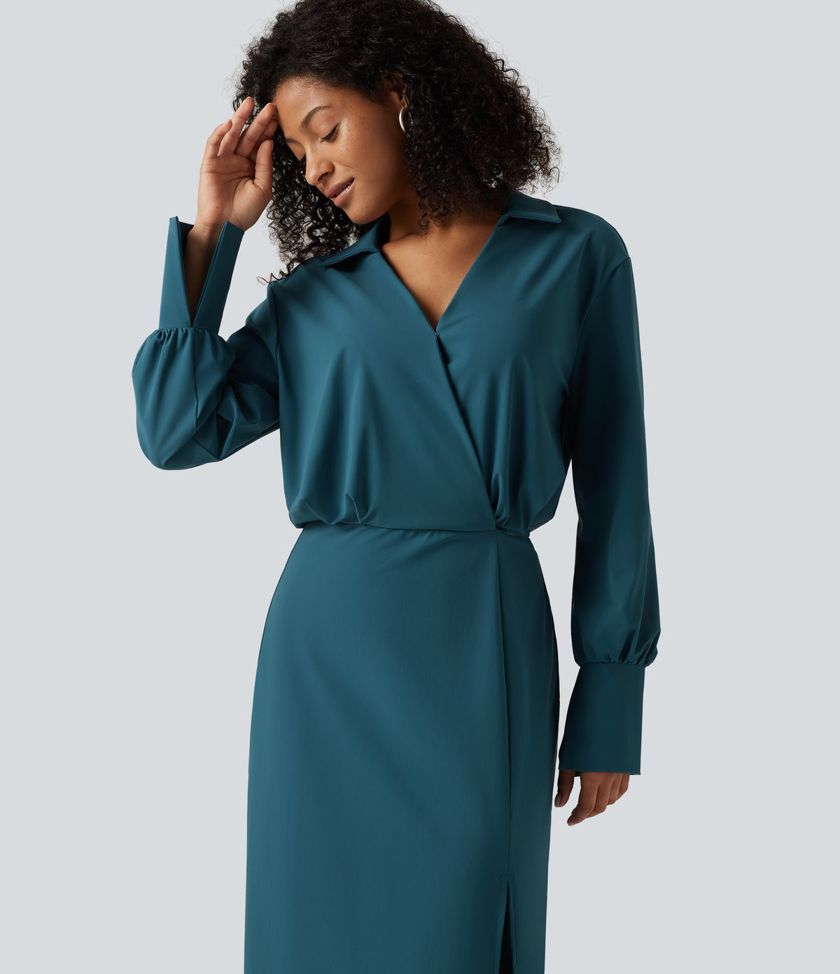 Long Sleeve Split Hem InstantCool Maxi Work Shirt Dress — Dragonfly — view 4