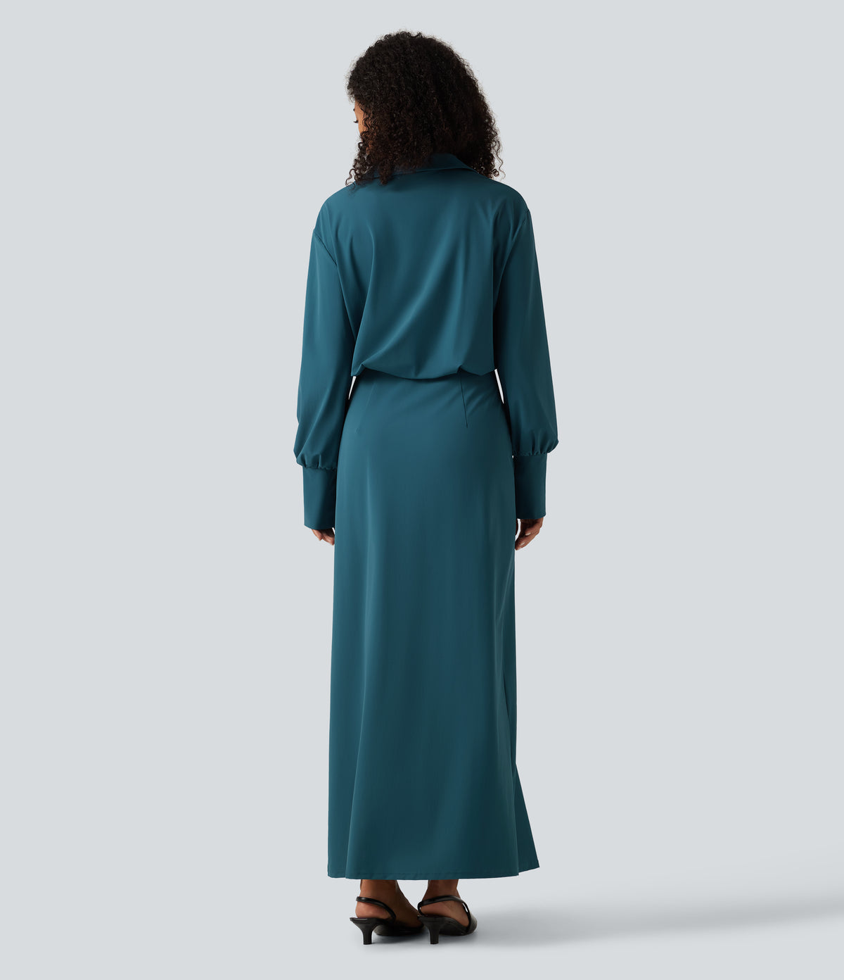 Long Sleeve Split Hem InstantCool Maxi Work Shirt Dress — Dragonfly — view 2