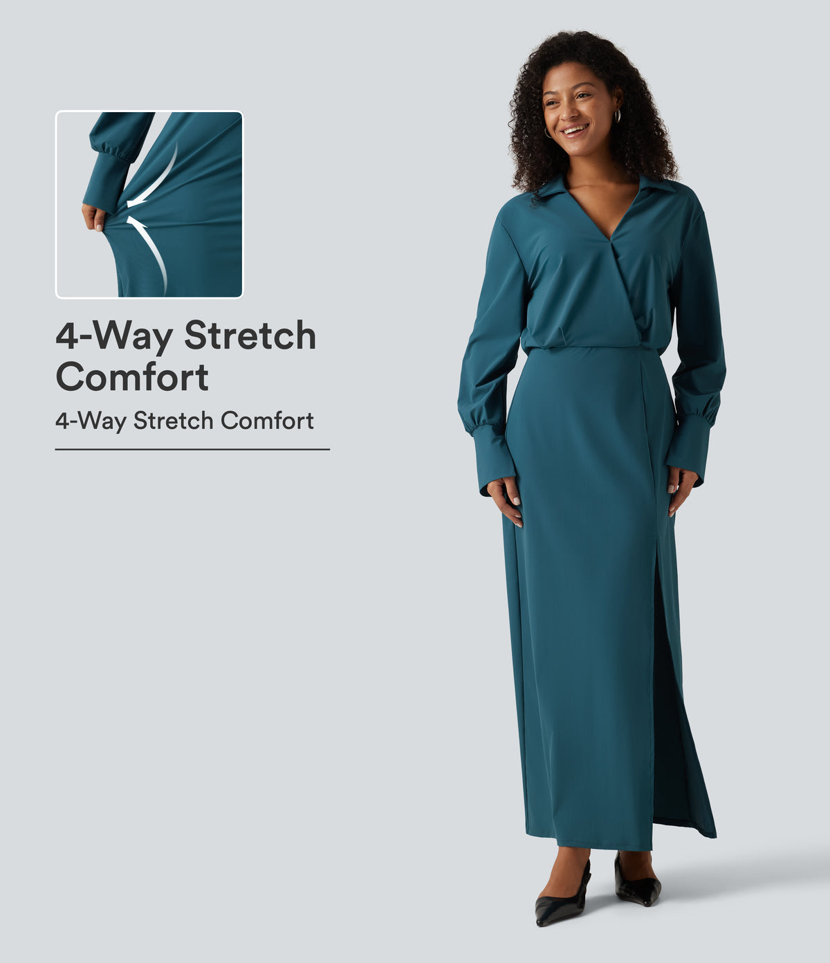 Long Sleeve Split Hem InstantCool Maxi Work Shirt Dress — Dragonfly — view 1
