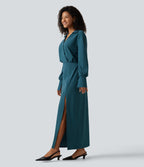 Long Sleeve Split Hem InstantCool Maxi Work Shirt Dress — Dragonfly — view 3