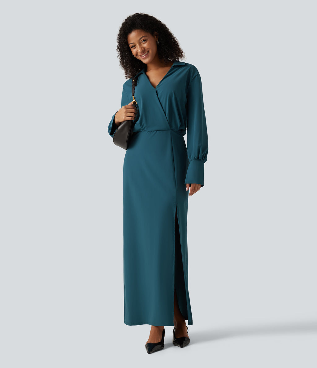 Long Sleeve Split Hem InstantCool Maxi Work Shirt Dress — Dragonfly — view 8