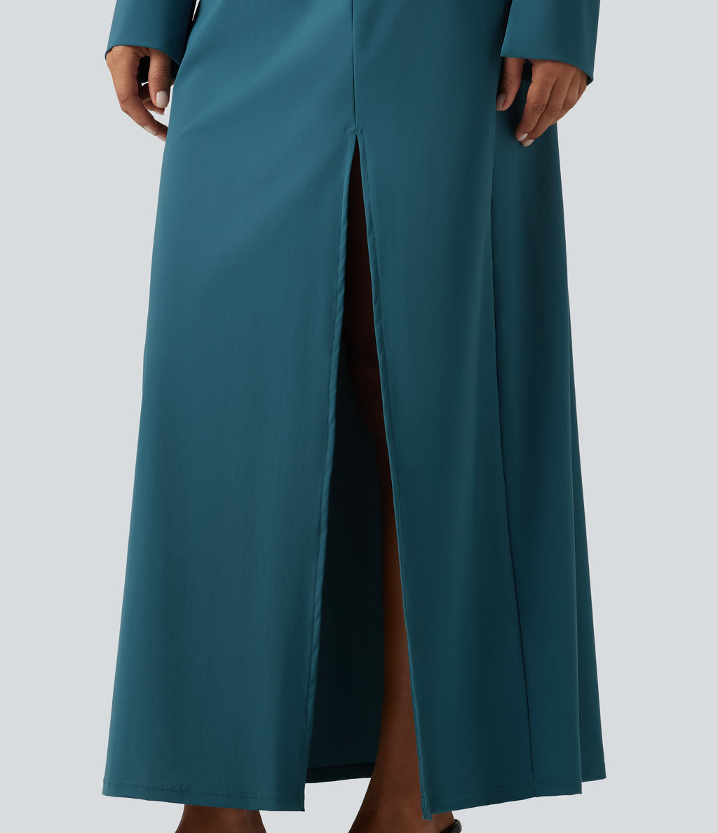 Long Sleeve Split Hem InstantCool Maxi Work Shirt Dress — Dragonfly — view 6