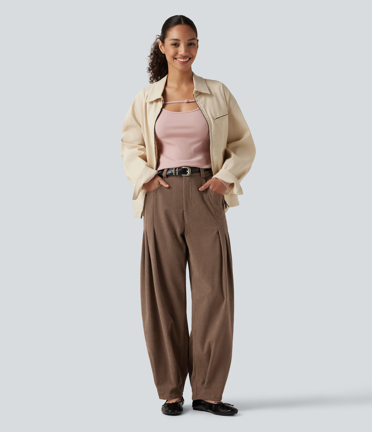 High Waisted Corduroy Casual Trousers with Pockets — Burnt Caramel — view 7