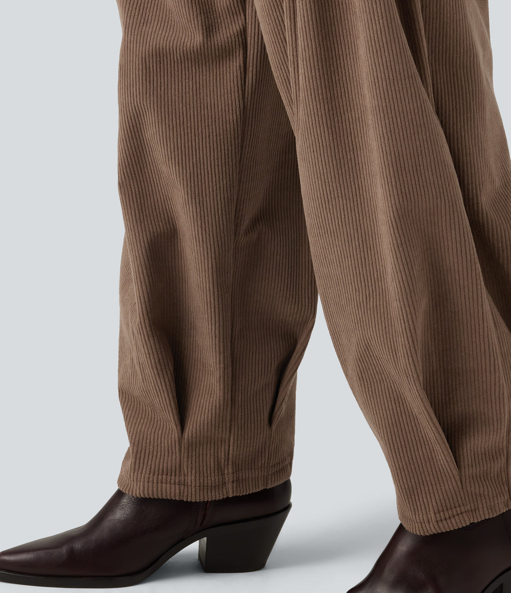 High Waisted Corduroy Casual Trousers with Pockets — Burnt Caramel — view 6