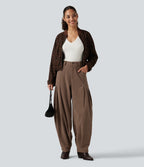 High Waisted Corduroy Casual Trousers with Pockets — Burnt Caramel — view 8