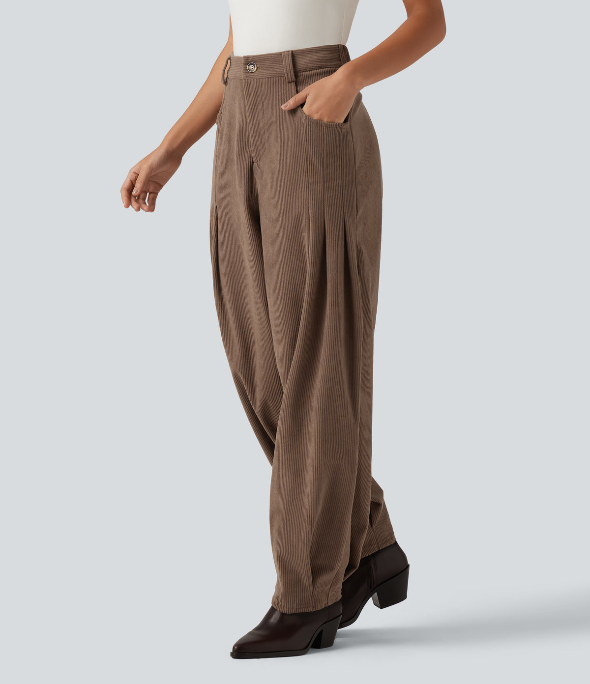 High Waisted Corduroy Casual Trousers with Pockets — Burnt Caramel — view 3