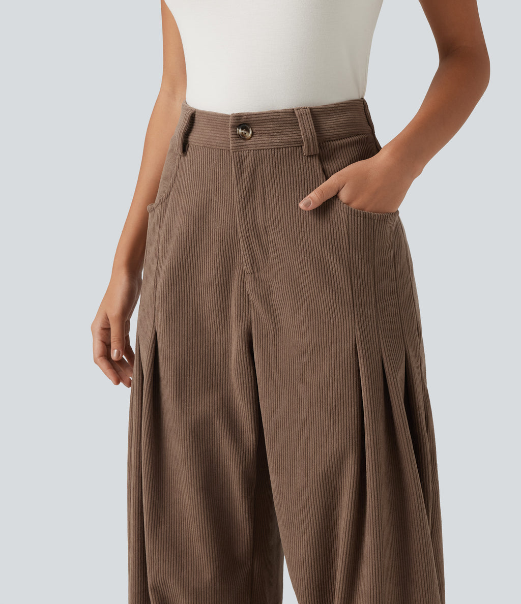 High Waisted Corduroy Casual Trousers with Pockets — Burnt Caramel — view 4
