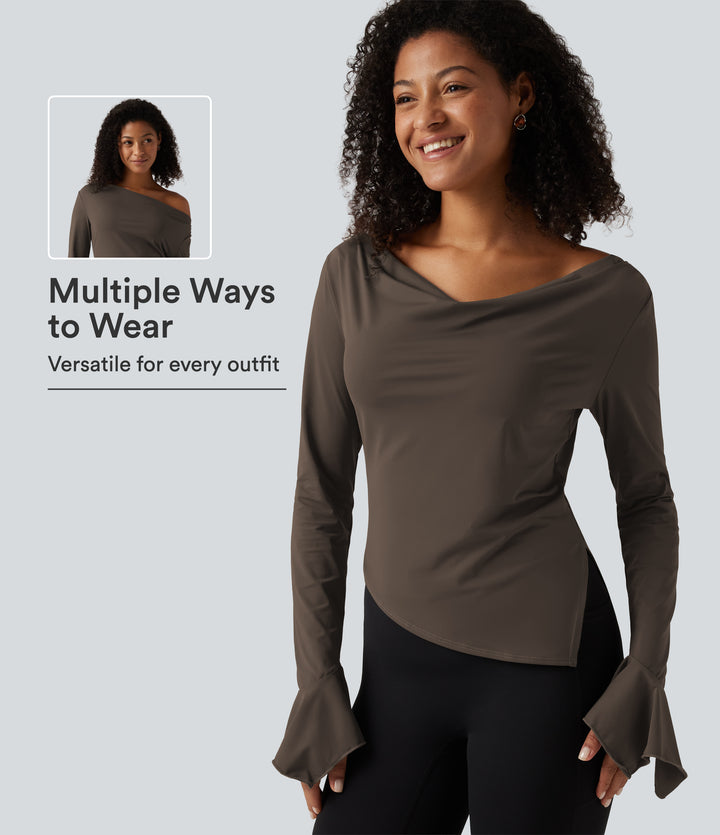 Cowl Neck Flounce Long Sleeve Asymmetric InstantCool Yoga Sports Top-UPF50+ — Chocolate Martini — view 1