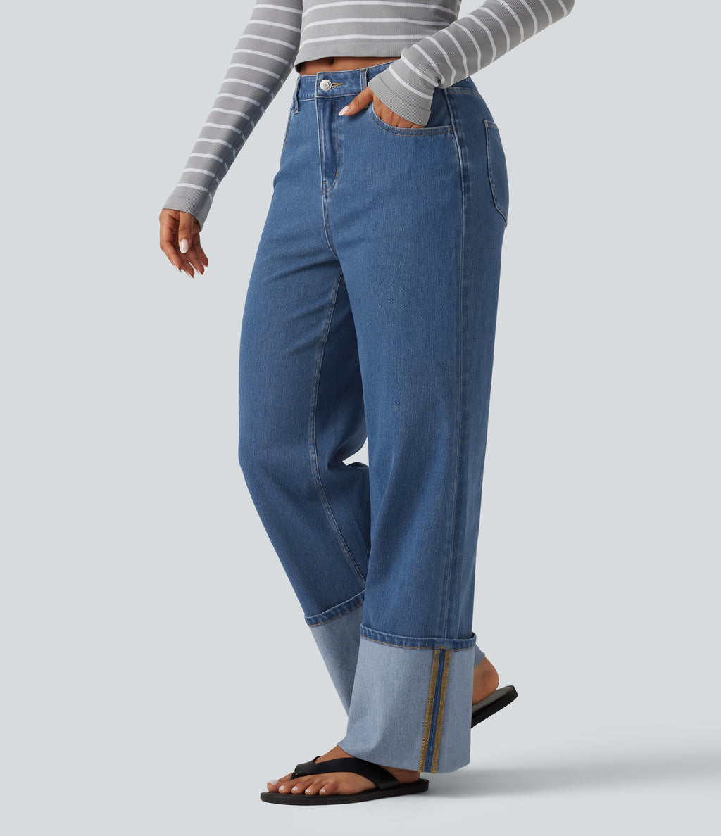 Mid Rise Straight Leg Casual Jeans with Pockets — Tide Blue Denim — view 3