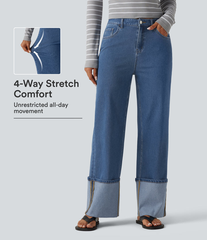 Mid Rise Straight Leg Casual Jeans with Pockets — Tide Blue Denim — view 1