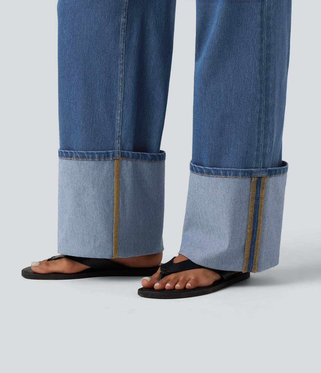 Mid Rise Straight Leg Casual Jeans with Pockets — Tide Blue Denim — view 6