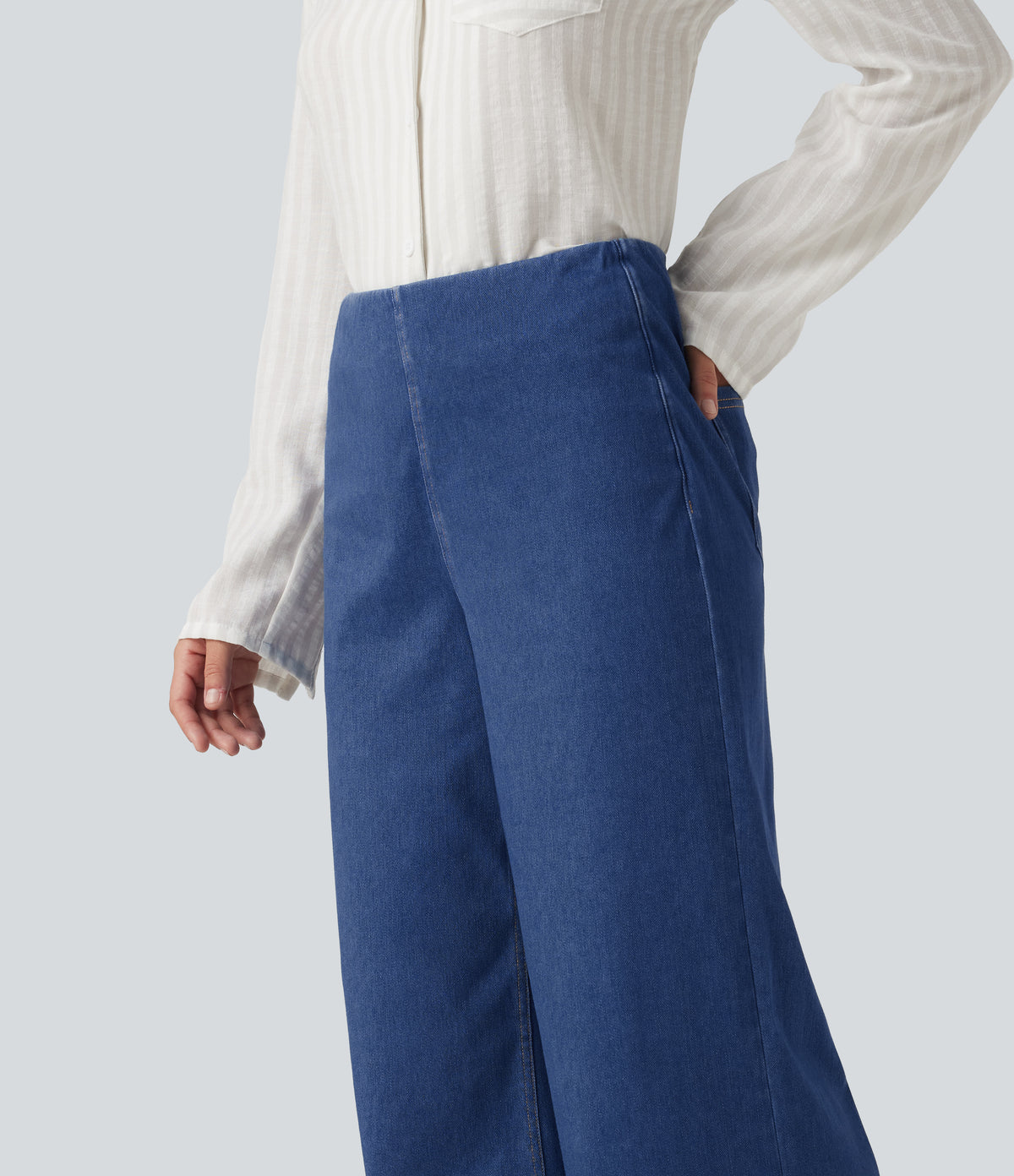 High Waisted Tummy Control Casual Jeans with Pockets — Gulf Stream Blue Denim — view 5