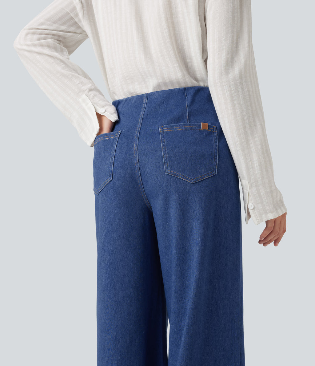 High Waisted Tummy Control Casual Jeans with Pockets — Gulf Stream Blue Denim — view 4