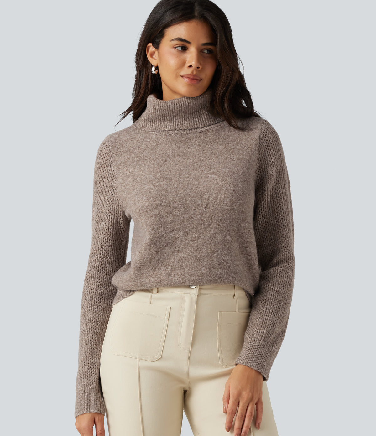 High Neck Long Sleeve Slim Work Jumper — Savannah Tan — view 5