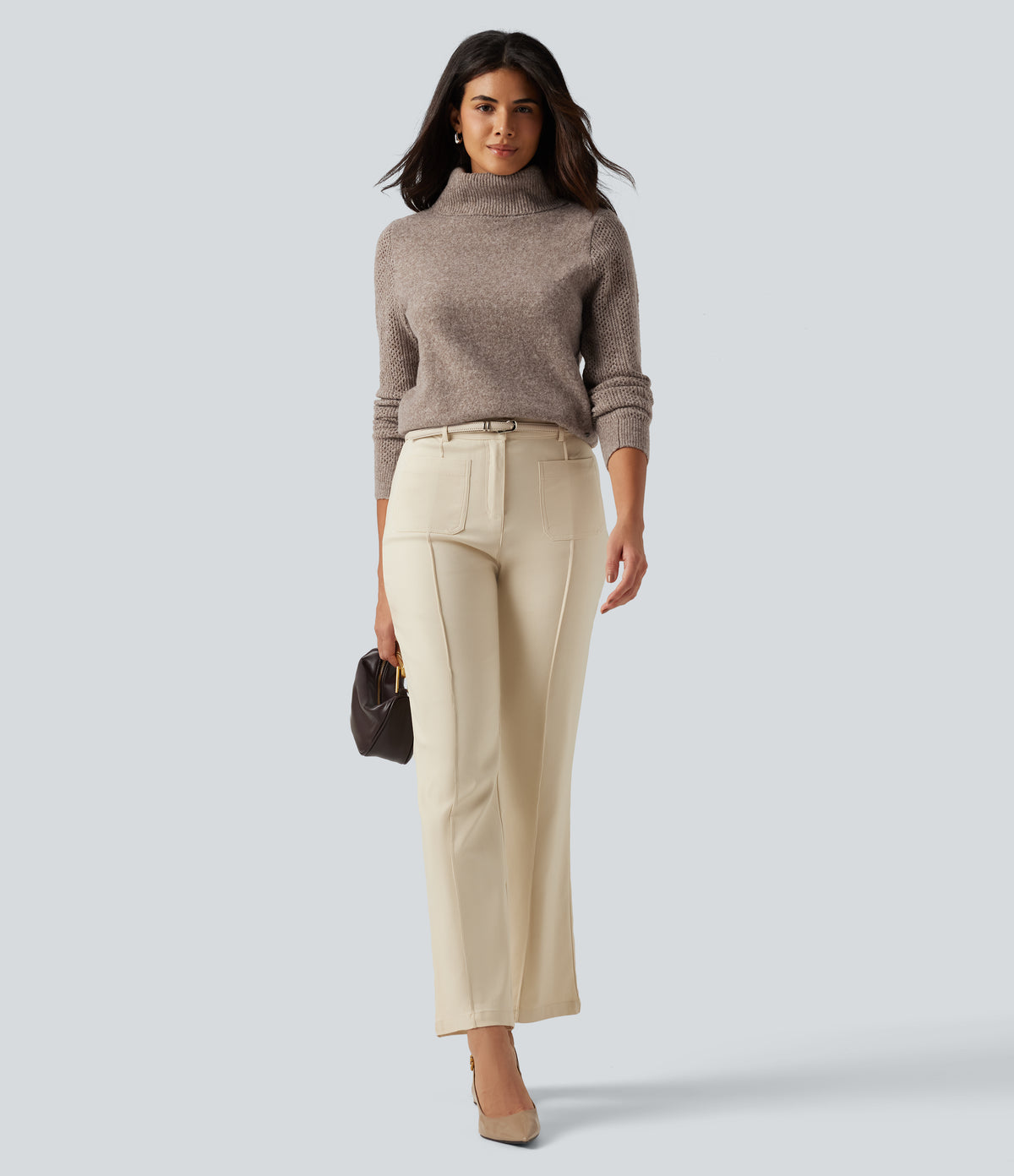 High Neck Long Sleeve Slim Work Jumper — Savannah Tan — view 8