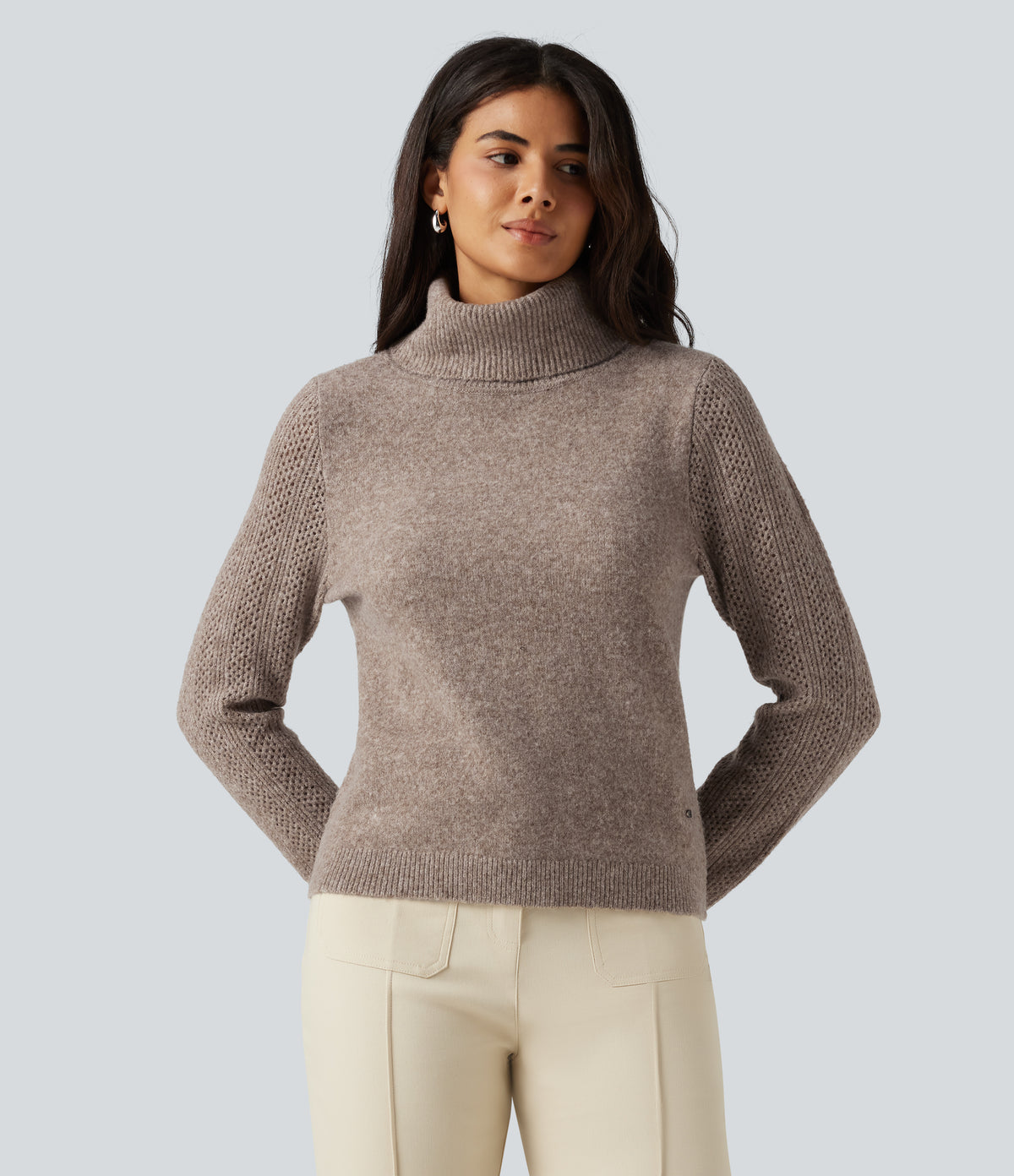 High Neck Long Sleeve Slim Work Jumper — Savannah Tan — view 3