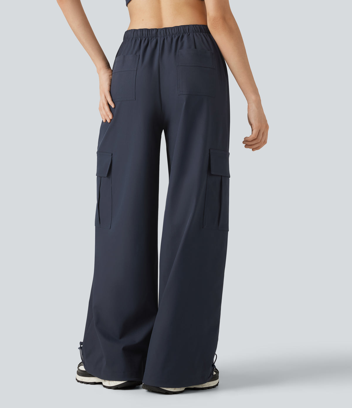 Water Repellent Wear-Resistant Mid Rise Drawstring Baggy Casual Cargo Trousers with Pockets — Polar Night — view 2