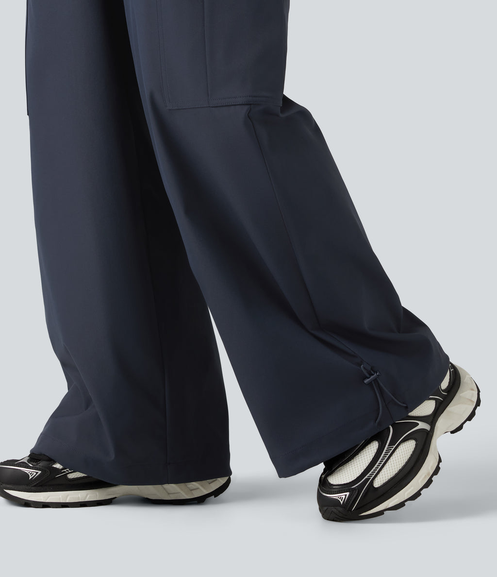 Water Repellent Wear-Resistant Mid Rise Drawstring Baggy Casual Cargo Trousers with Pockets — Polar Night — view 7
