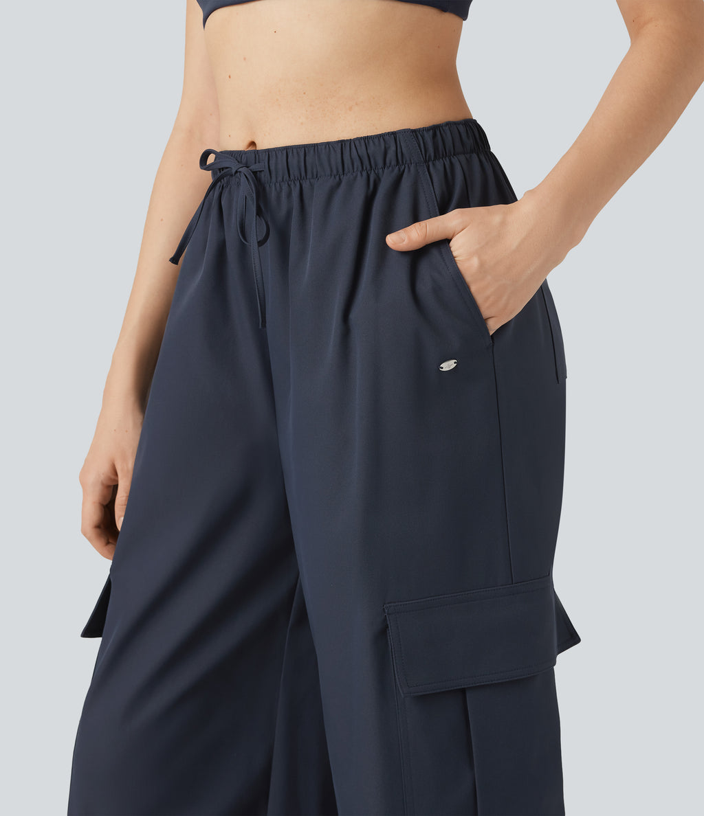 Water Repellent Wear-Resistant Mid Rise Drawstring Baggy Casual Cargo Trousers with Pockets — Polar Night — view 5