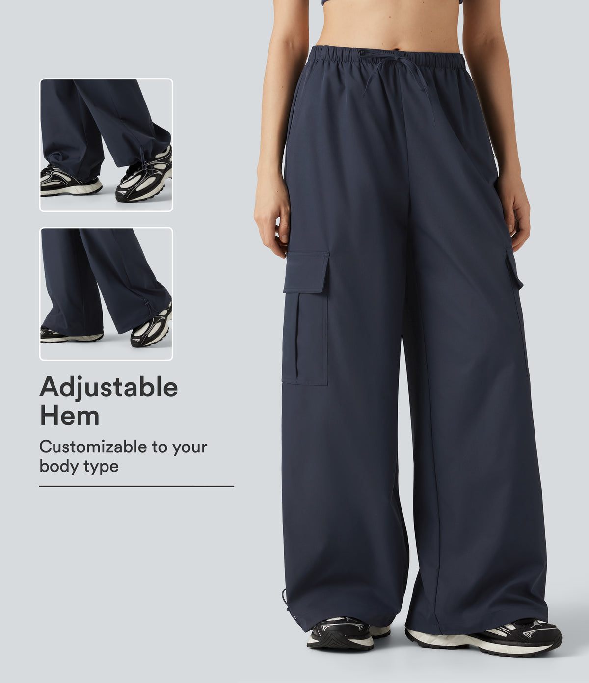 Water Repellent Wear-Resistant Mid Rise Drawstring Baggy Casual Cargo Trousers with Pockets — Polar Night — view 1