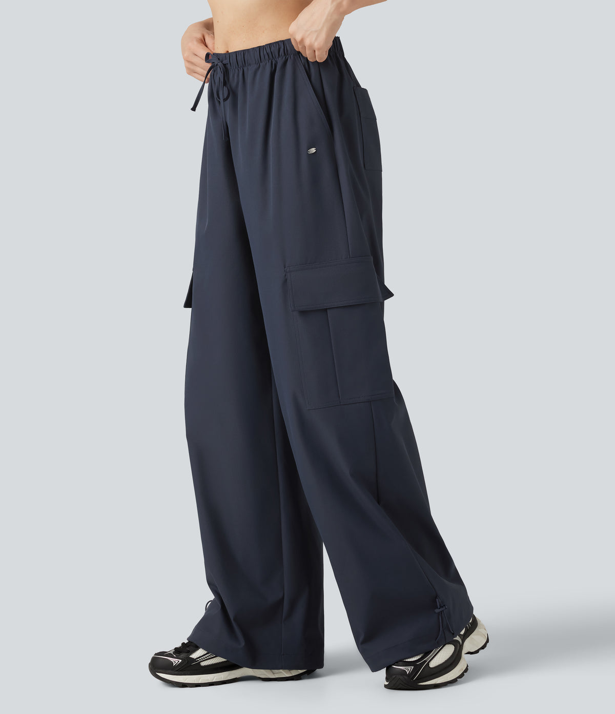 Water Repellent Wear-Resistant Mid Rise Drawstring Baggy Casual Cargo Trousers with Pockets — Polar Night — view 3