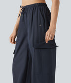 Water Repellent Wear-Resistant Mid Rise Drawstring Baggy Casual Cargo Trousers with Pockets — Polar Night — view 6