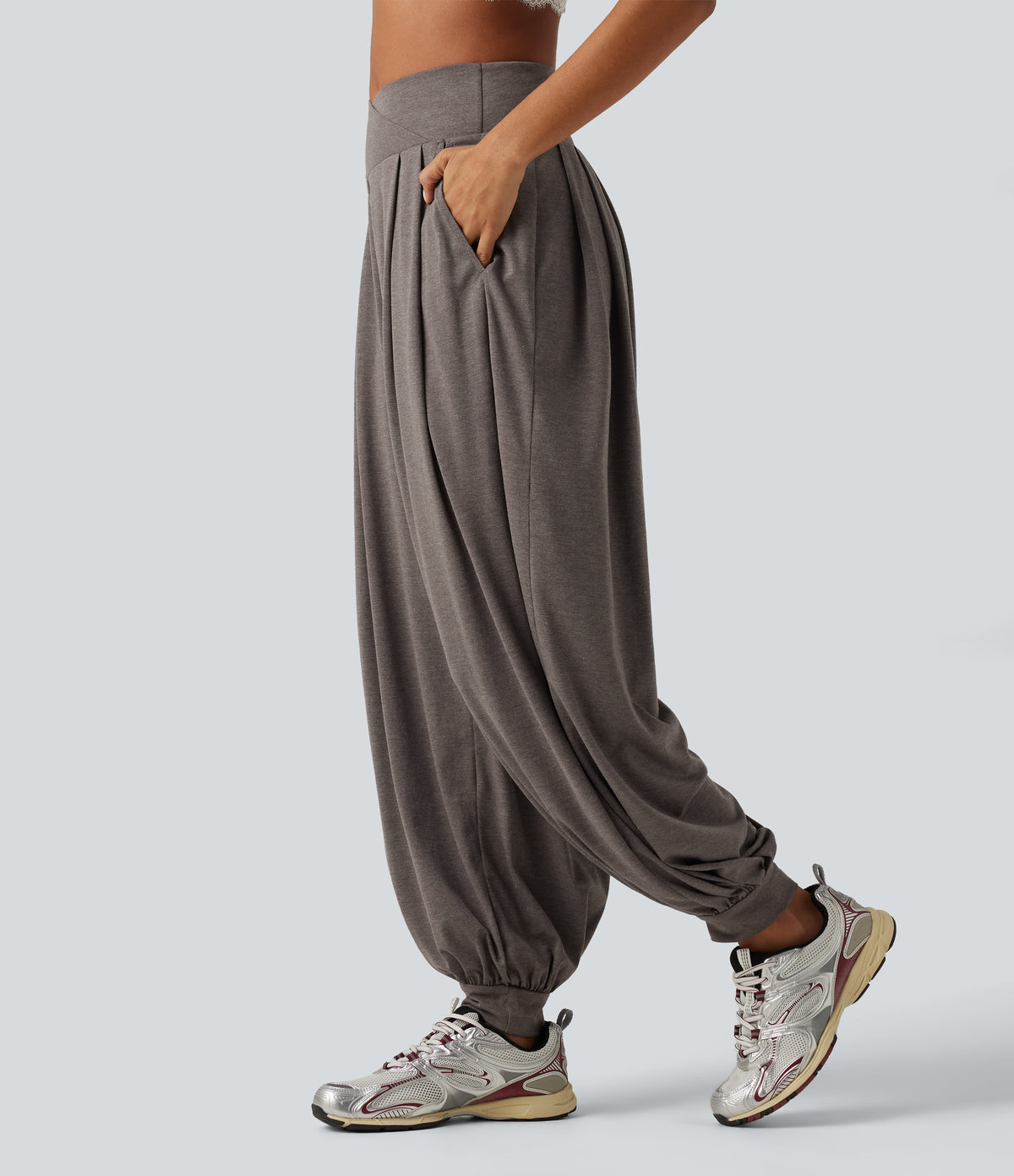 High Waisted Crossover Yoga Balloon Trousers with Pockets — Earthwood Brown — view 3