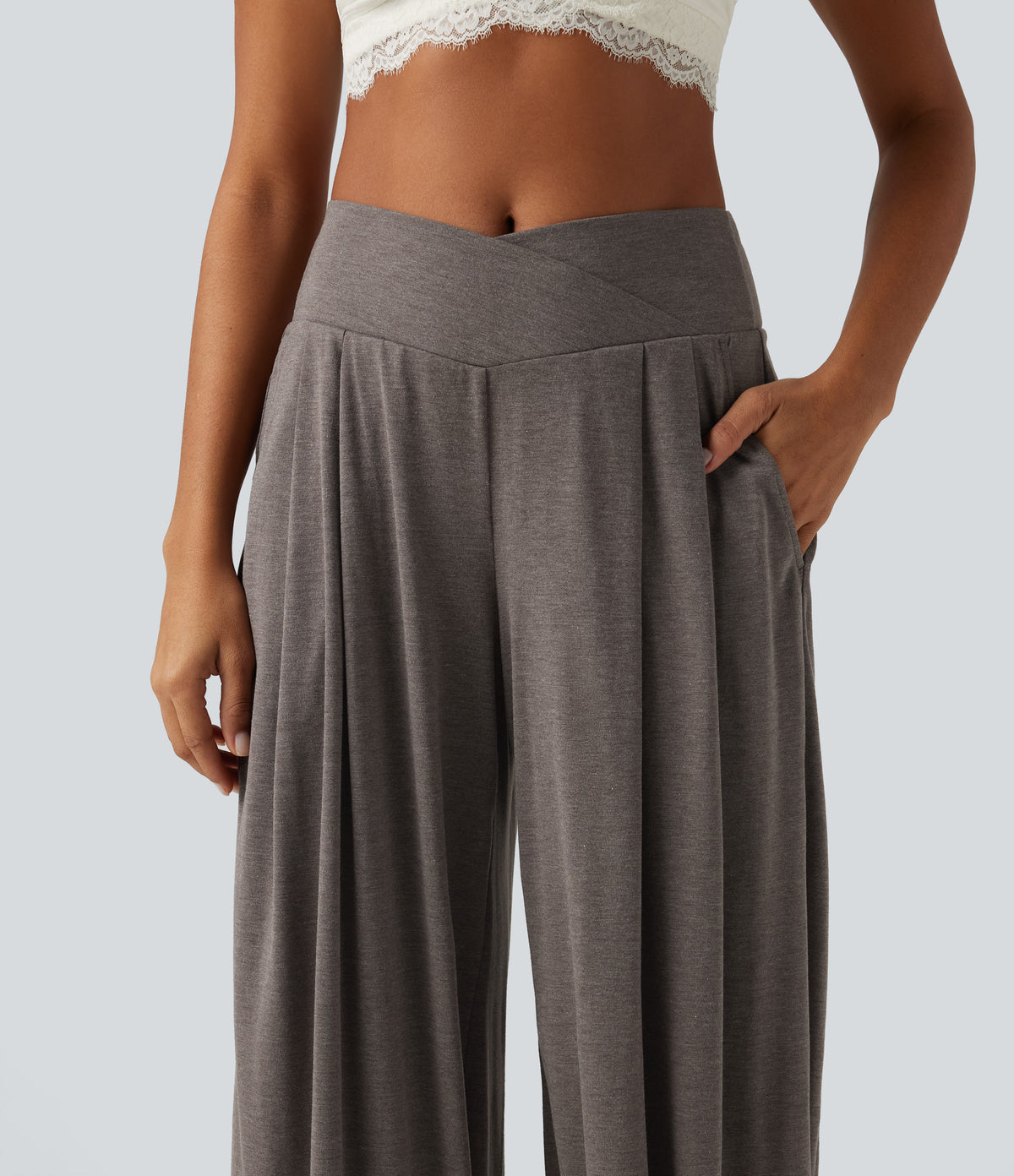 High Waisted Crossover Yoga Balloon Trousers with Pockets — Earthwood Brown — view 4